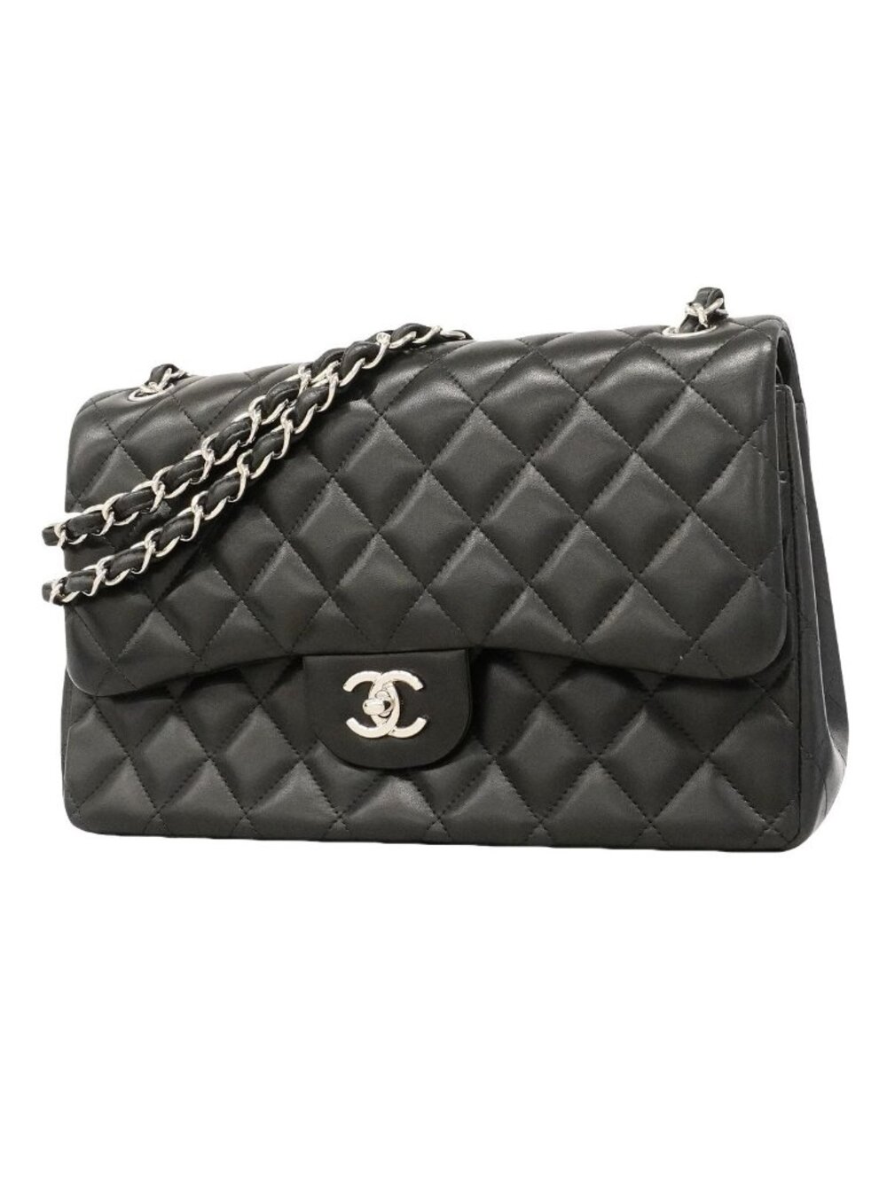 Chanel Shoulder Bag Maxi Quilted Lambskin Black Silver